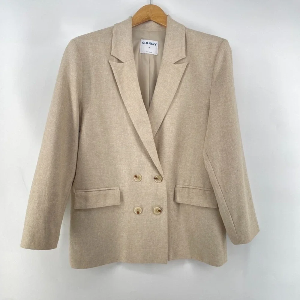 Old Navy Double Breasted‎ Suit Blazer Jacket M Linen Blend Tan NWT Minimalist